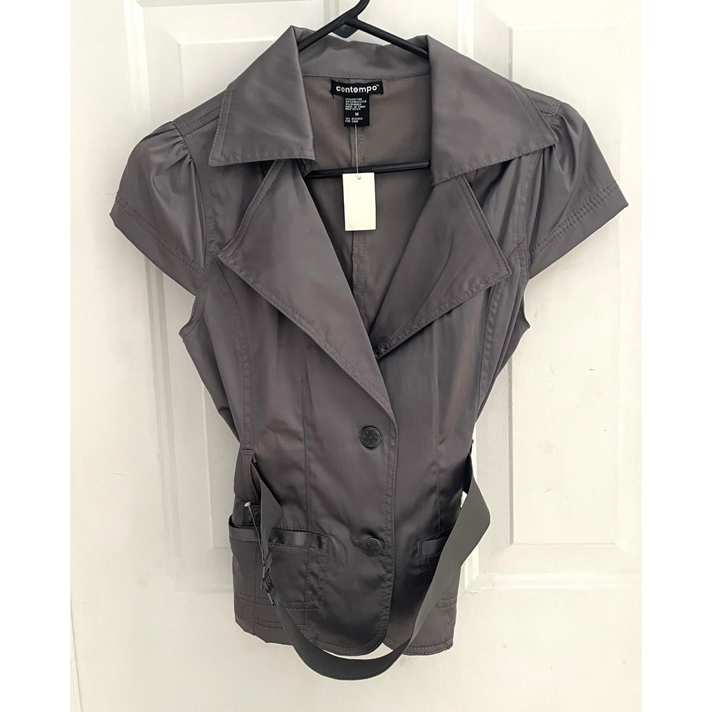 Contempo Womens Gray Short Sleeve Belted Blazer Top Puff Sleeve Size M